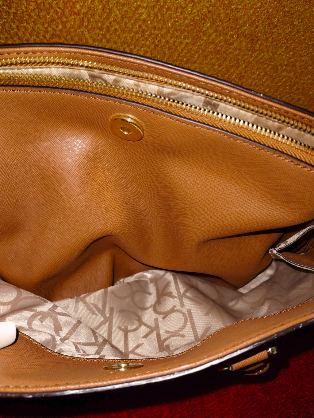 Calvin Klein Purse Monogram Canvas with Tan Leather Handles