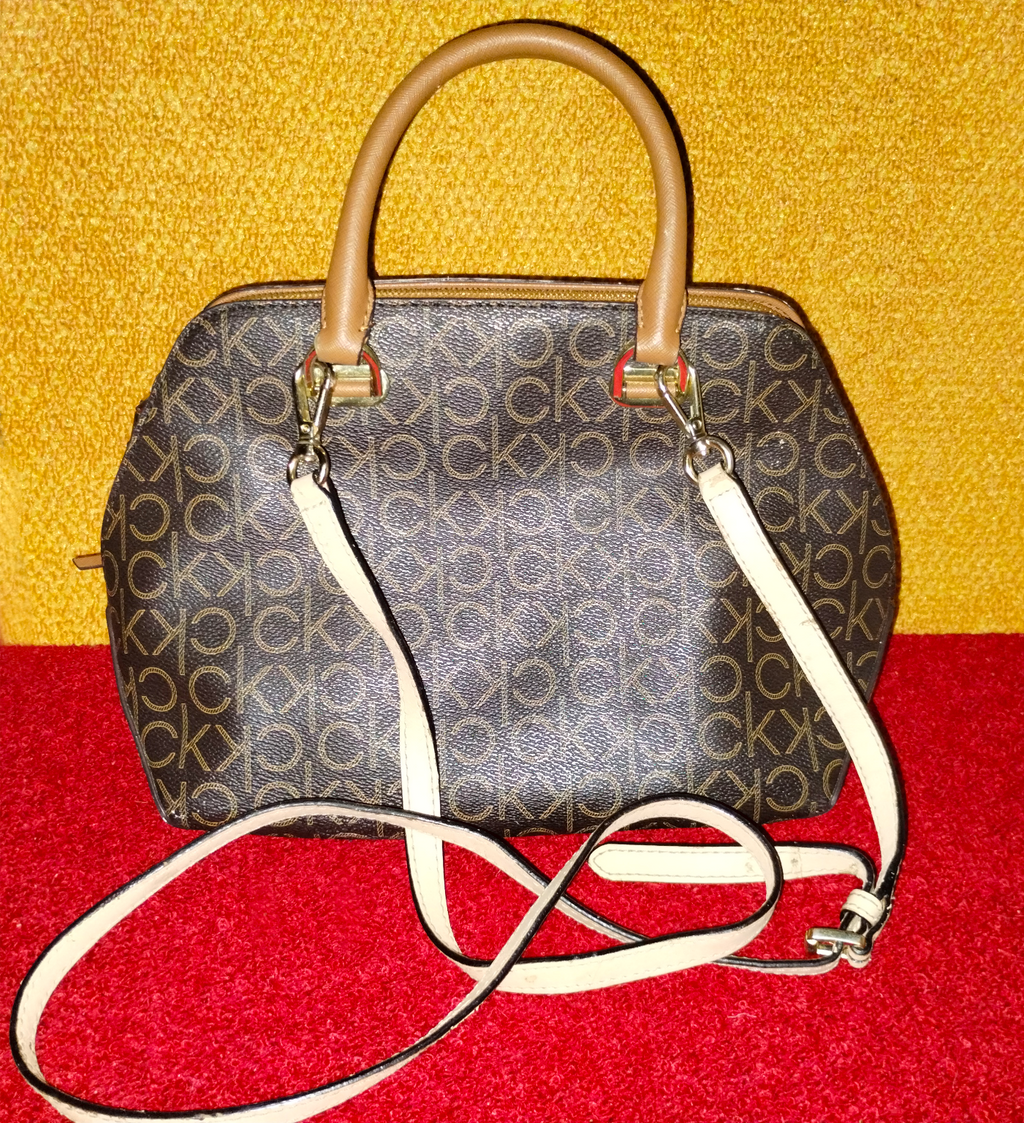 Calvin Klein Purse Monogram Canvas with Tan Leather Handles