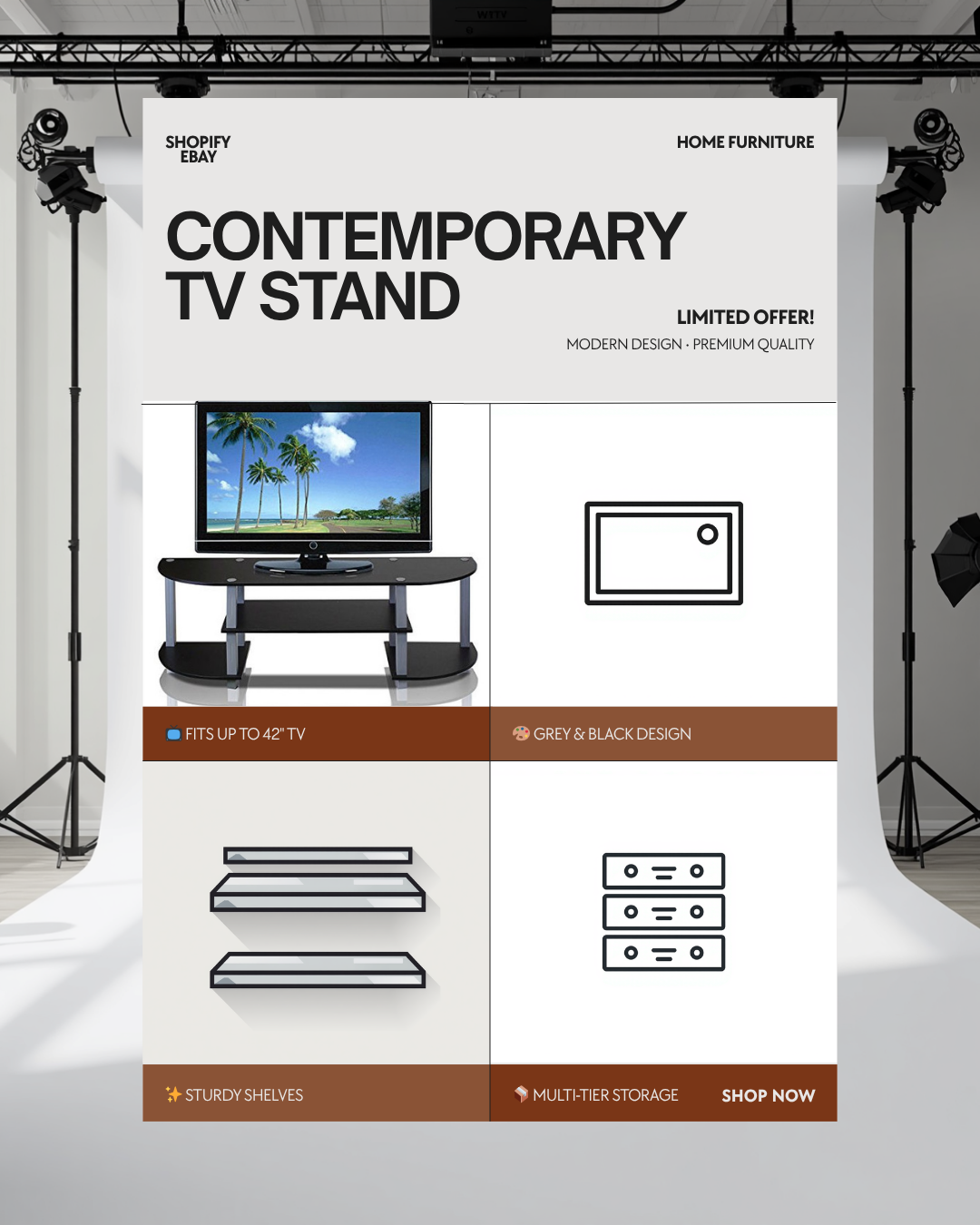 Contemporary Grey and Black TV Stand - Fits up to 42-inch TV