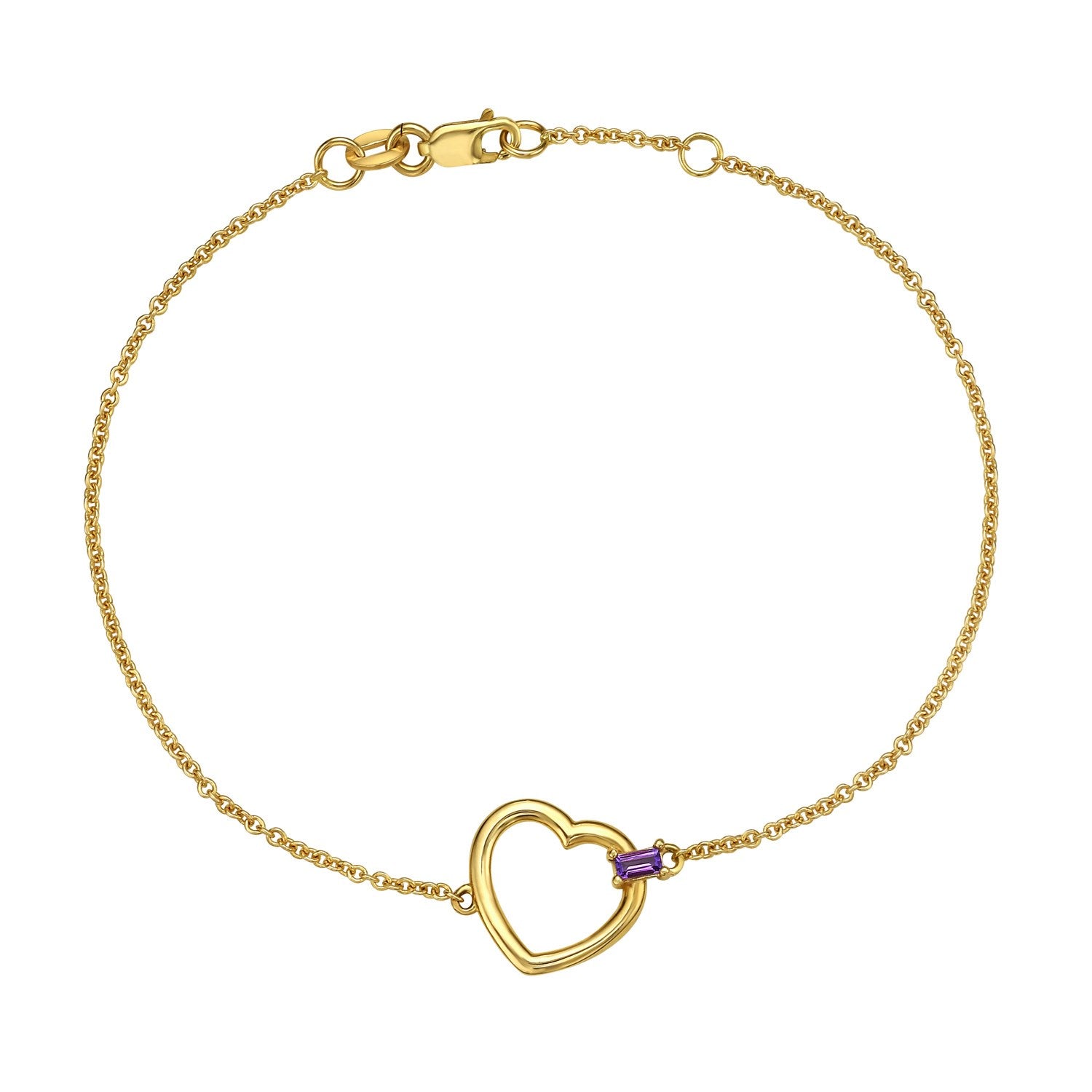 Amethyst Baguette Heart Bracelet in 14K Yellow Gold - GreatSpace Discounts