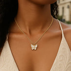 14k Yellow Gold High Polish Butterfly Peral Paste Necklace - GreatSpace Discounts