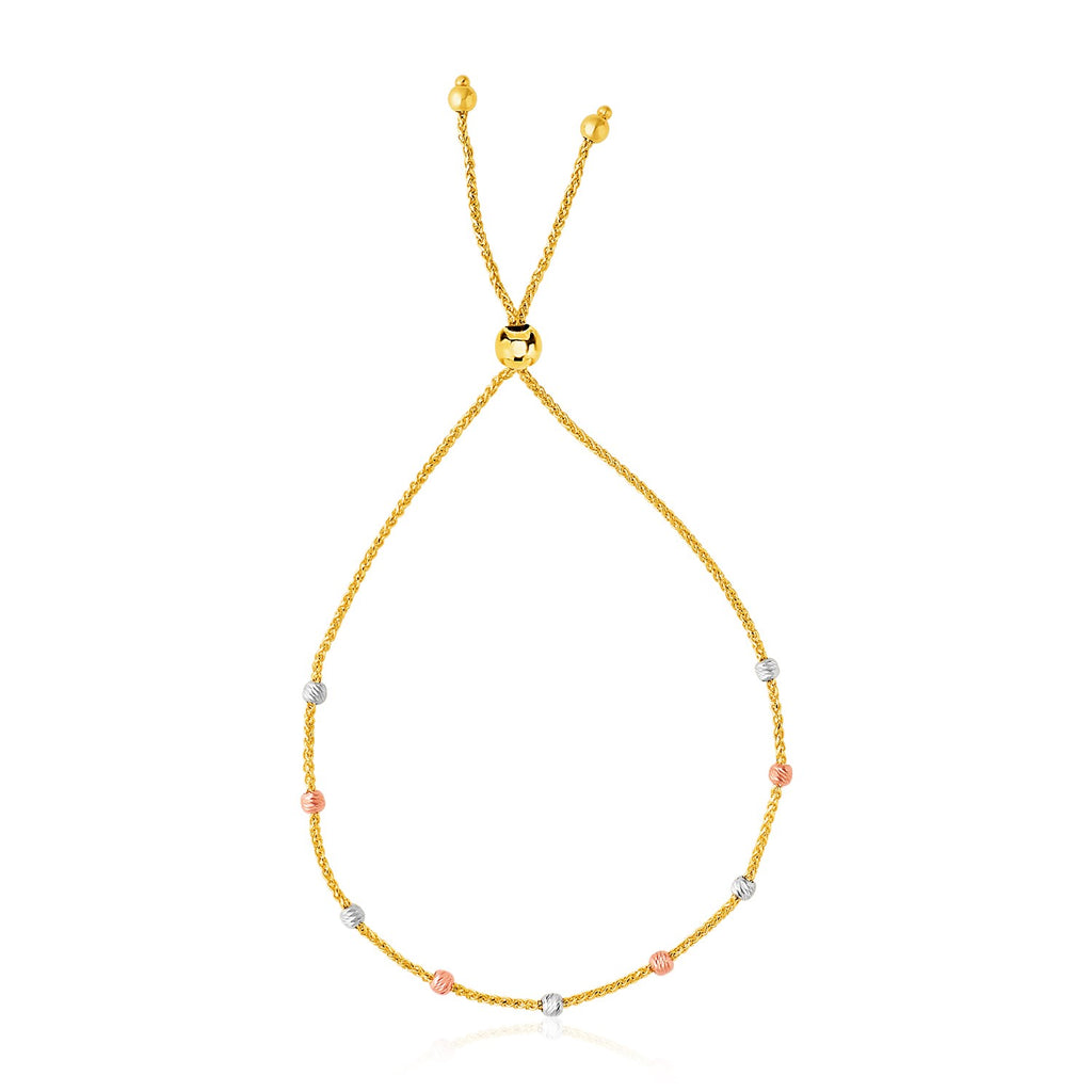 14k Tri-Color Gold Textured Bead Station Lariat Bracelet (5.00 mm) - GreatSpace Discounts