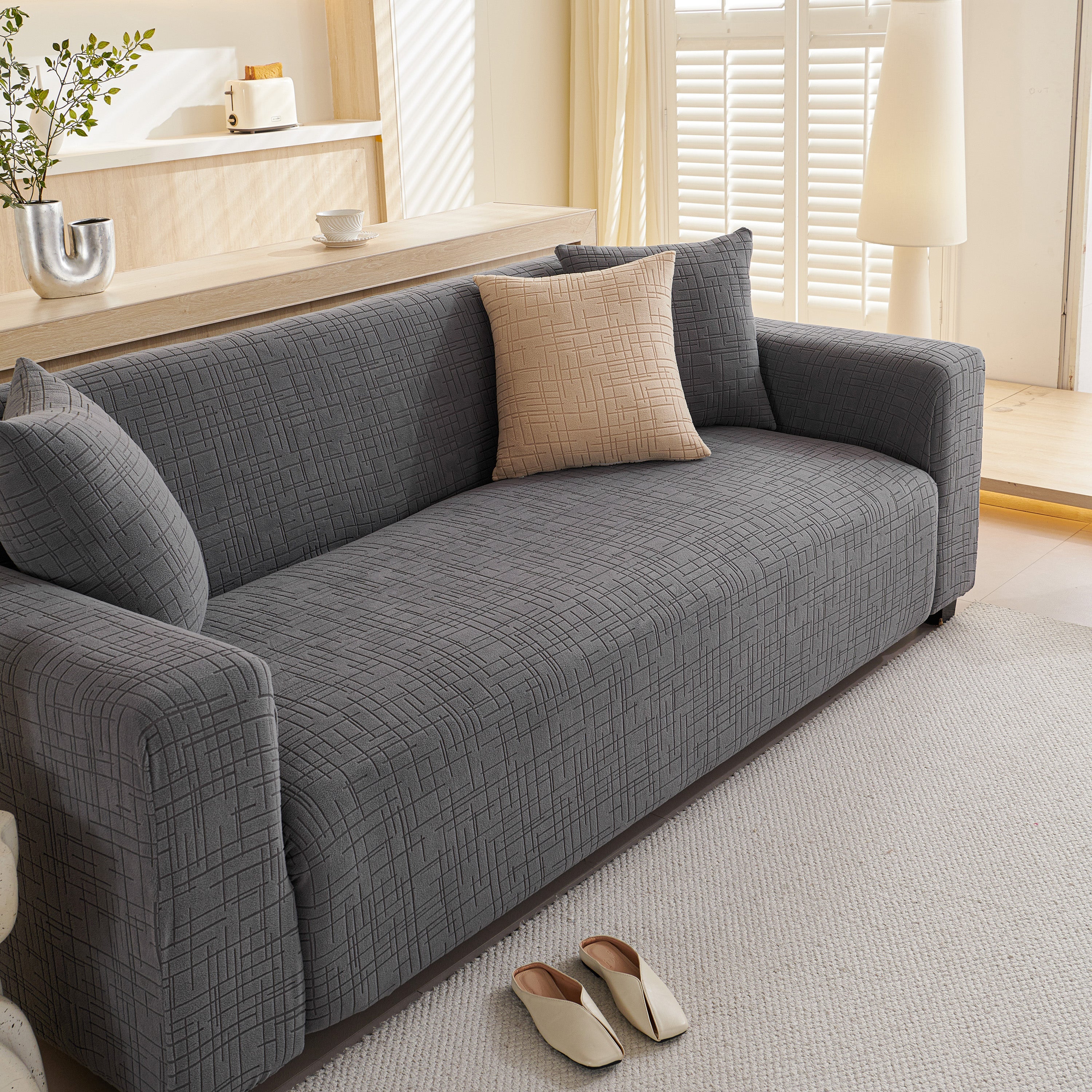 Embossed Lines Couch Covers Stretchable Non-Slip & Washable Sofa Slipcovers