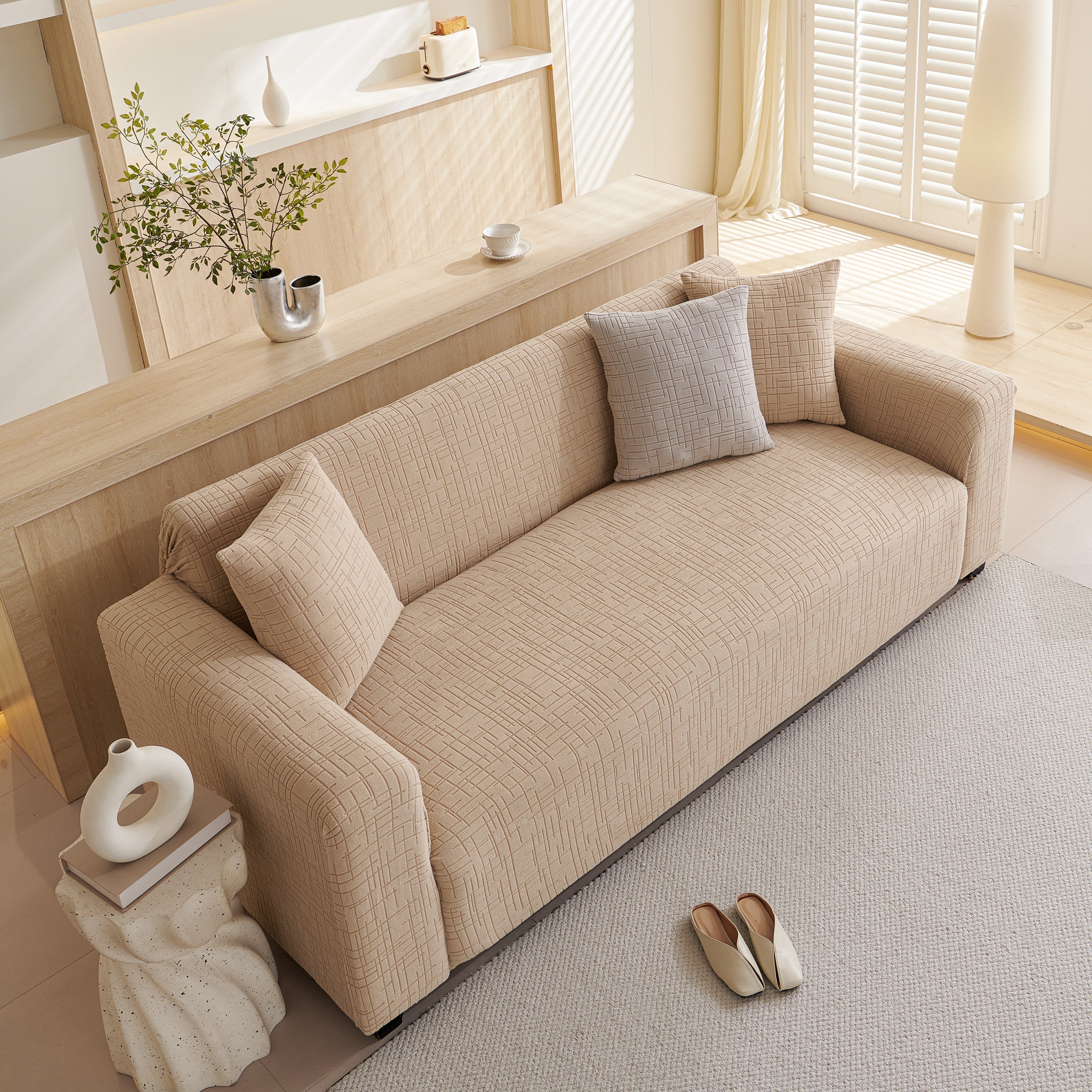 Embossed Lines Couch Covers Stretchable Non-Slip & Washable Sofa Slipcovers