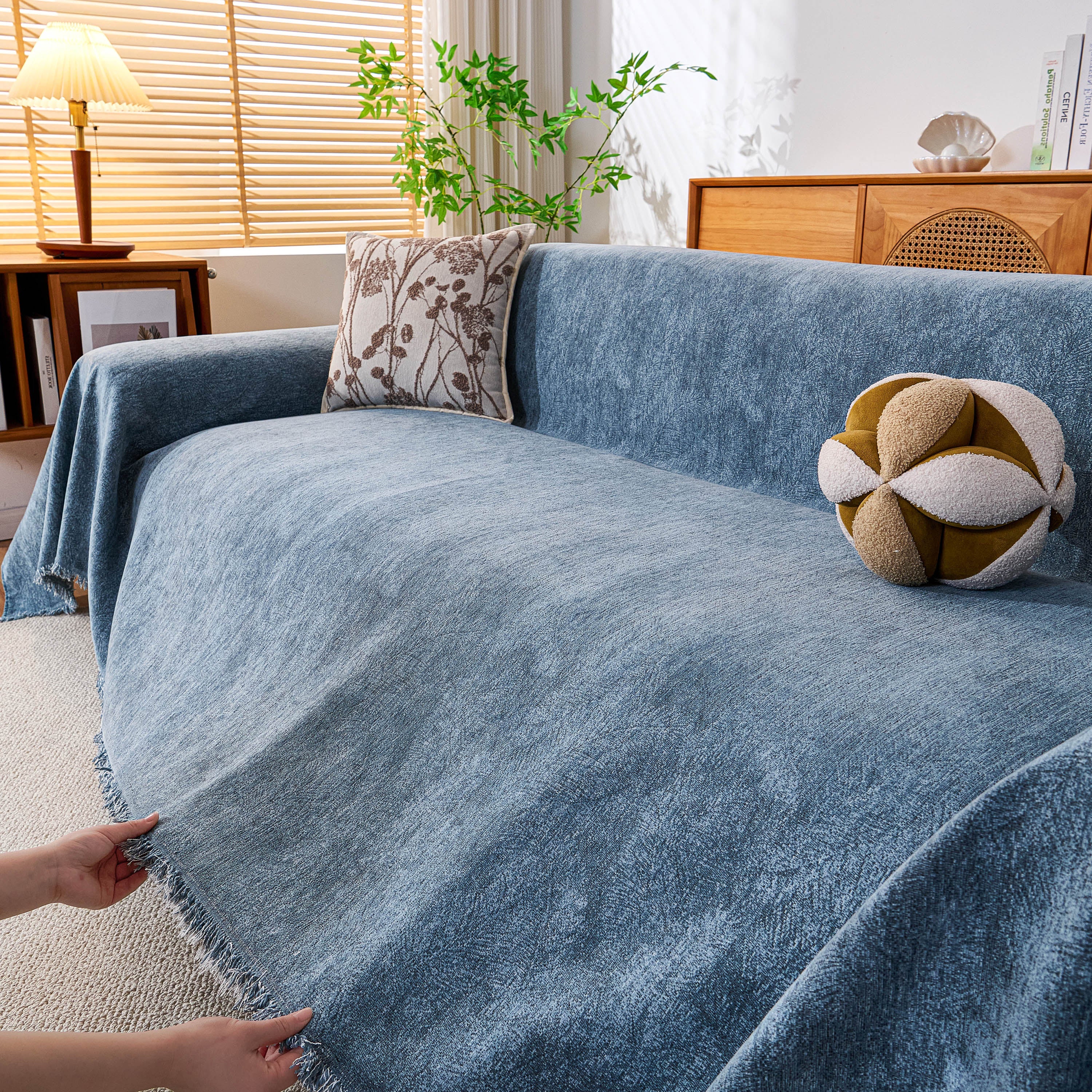 Cozy Textured Couch Protector with Fringe, Universal Soft Slipcover for Couch Sofa Bed