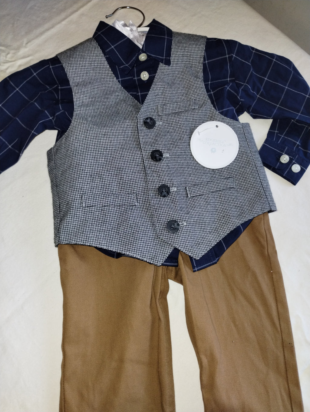 EdgeHill Boys Dress Outfit Navy Plaid Gray Vest Tan Pants (24M)