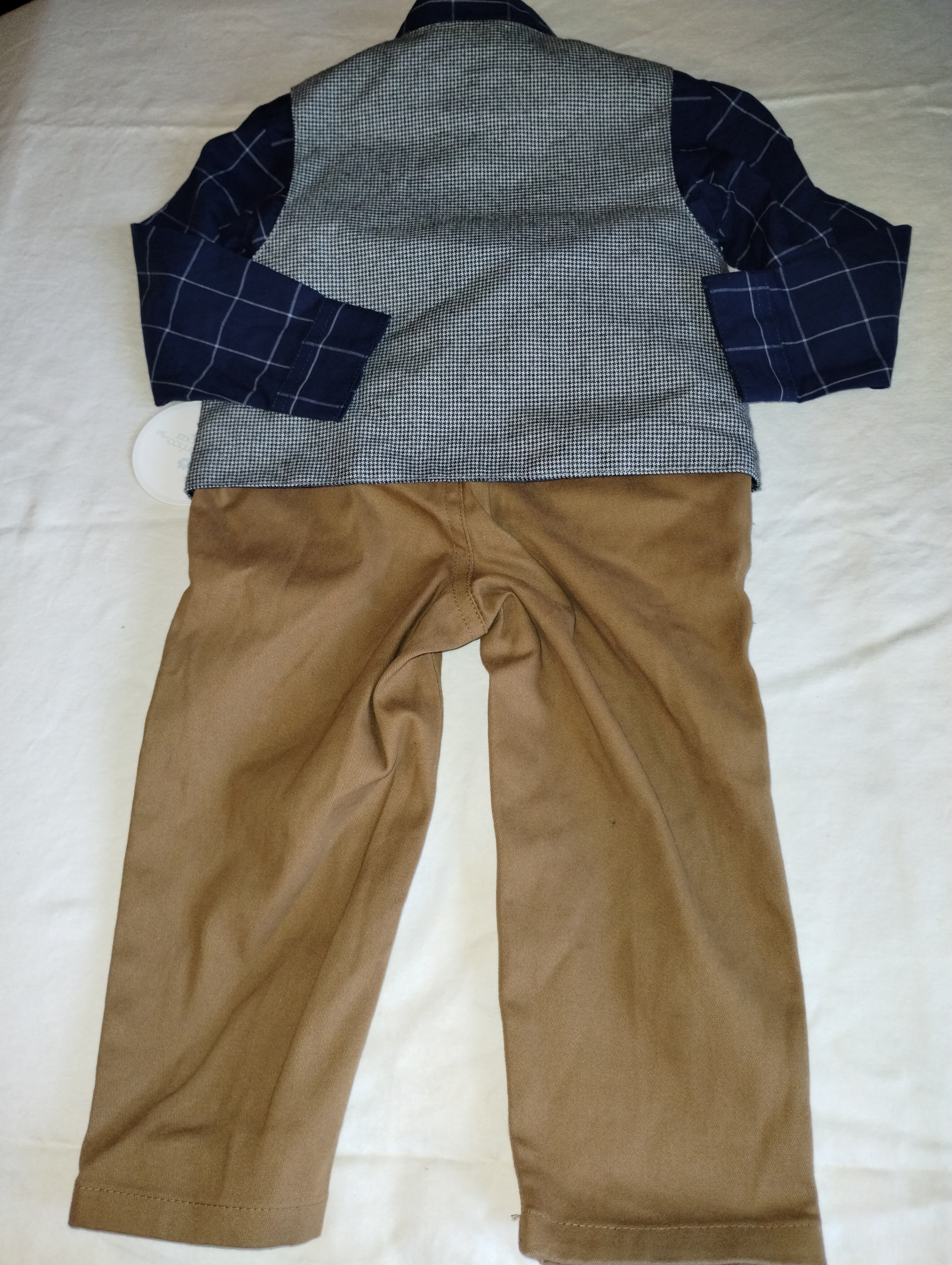 EdgeHill Boys Dress Outfit Navy Plaid Gray Vest Tan Pants (24M)