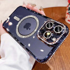 Fashion Girl Pink Crystal Glitter Transparent Magnetic Case For iPhone 16 15 11 12 13 14 Pro Max Wireless Charging Diamond Cover - GreatSpace Discounts