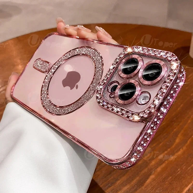 Fashion Girl Pink Crystal Glitter Transparent Magnetic Case For iPhone 16 15 11 12 13 14 Pro Max Wireless Charging Diamond Cover - GreatSpace Discounts