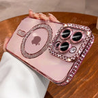 Fashion Girl Pink Crystal Glitter Transparent Magnetic Case For iPhone 16 15 11 12 13 14 Pro Max Wireless Charging Diamond Cover - GreatSpace Discounts