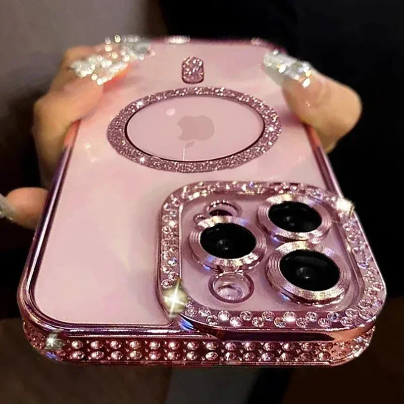 Fashion Girl Pink Crystal Glitter Transparent Magnetic Case For iPhone 16 15 11 12 13 14 Pro Max Wireless Charging Diamond Cover - GreatSpace Discounts