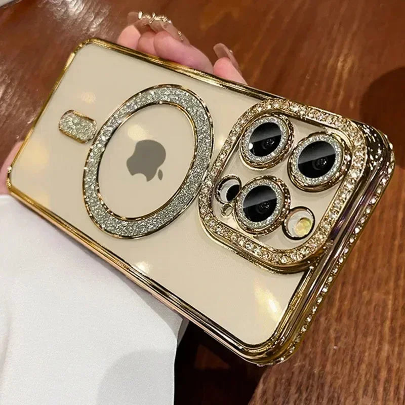 Fashion Girl Pink Crystal Glitter Transparent Magnetic Case For iPhone 16 15 11 12 13 14 Pro Max Wireless Charging Diamond Cover - GreatSpace Discounts