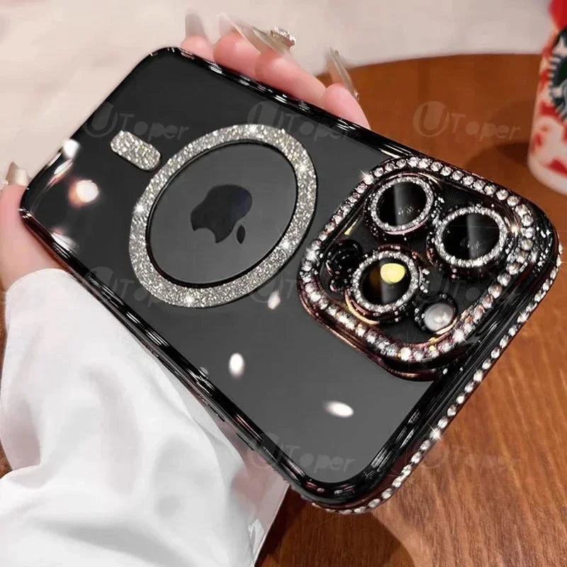 Fashion Girl Pink Crystal Glitter Transparent Magnetic Case For iPhone 16 15 11 12 13 14 Pro Max Wireless Charging Diamond Cover - GreatSpace Discounts