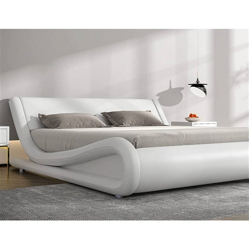 Queen Modern White Faux Leather Upholstered Platform Bed Frame with Headboard
