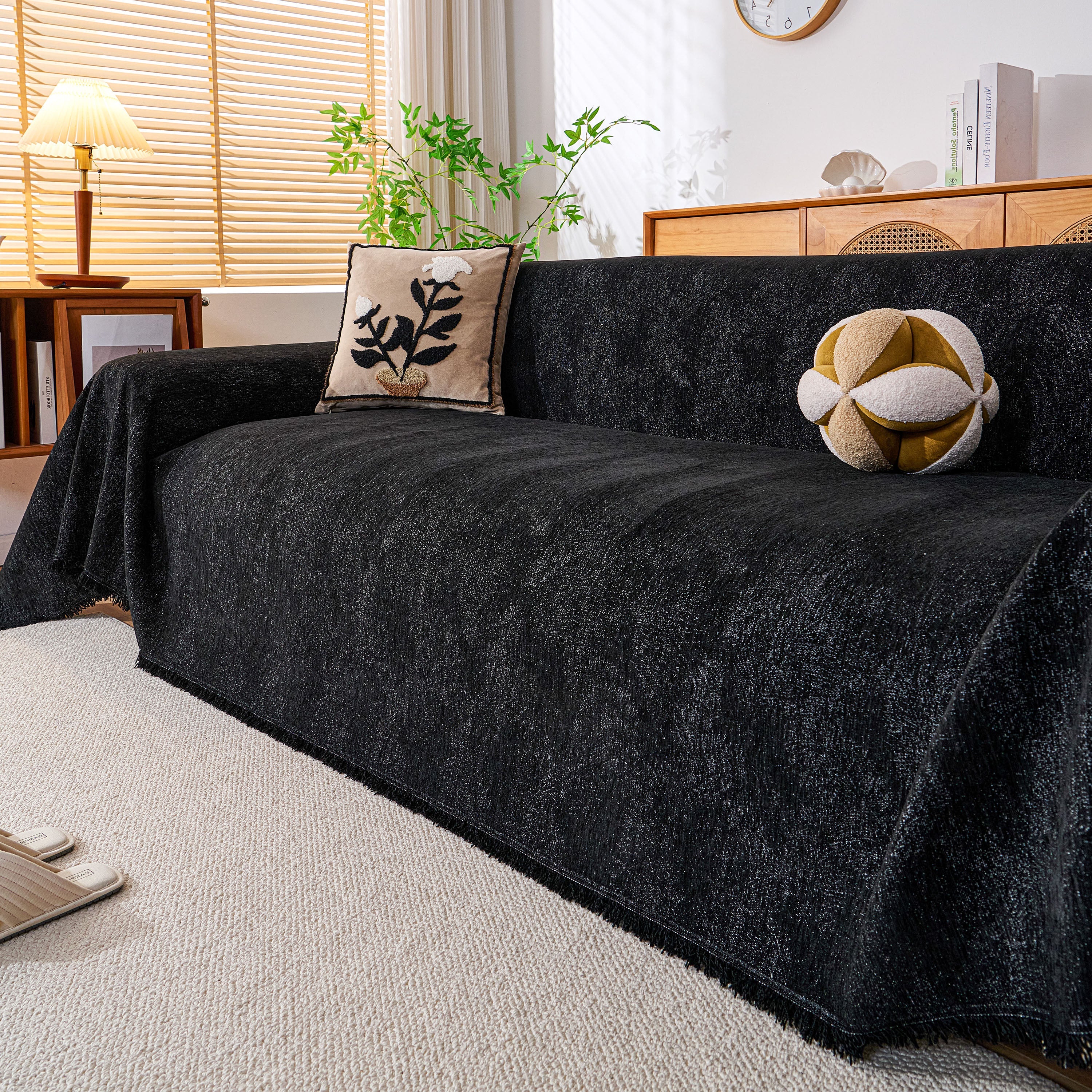 Cozy Textured Couch Protector with Fringe, Universal Soft Slipcover for Couch Sofa Bed