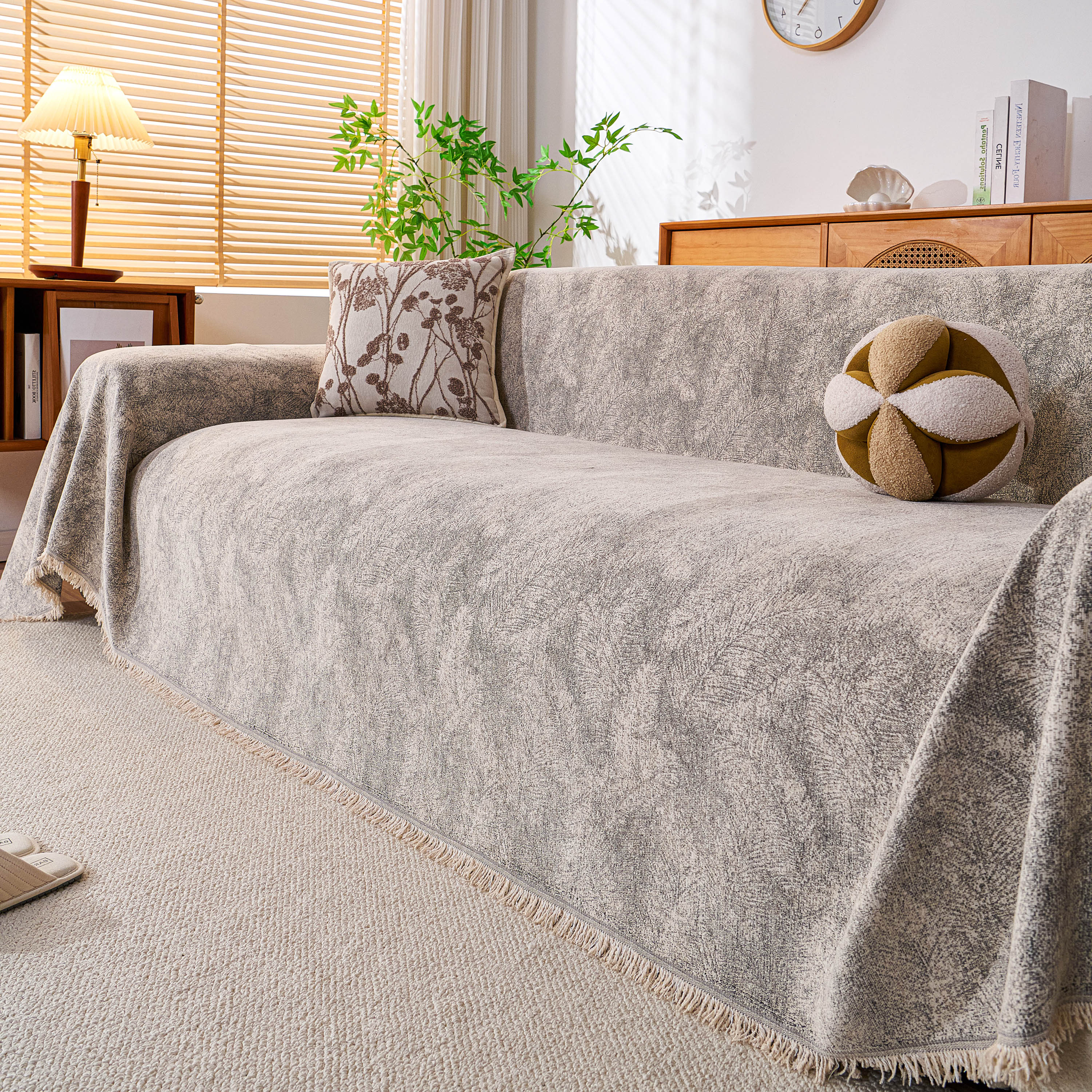 Cozy Textured Couch Protector with Fringe, Universal Soft Slipcover for Couch Sofa Bed