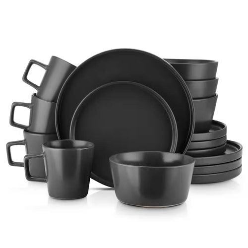 16-Piece Stoneware Dinnerware Set in Matte Black - Service for 4 - GreatSpace Discounts