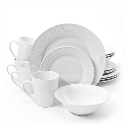16-Piece White Ceramic Dinnerware Set w/ Bowls Plates and Mugs - Service for 4 - GreatSpace Discounts