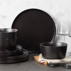 16-Piece Stoneware Dinnerware Set in Matte Black - Service for 4 - GreatSpace Discounts