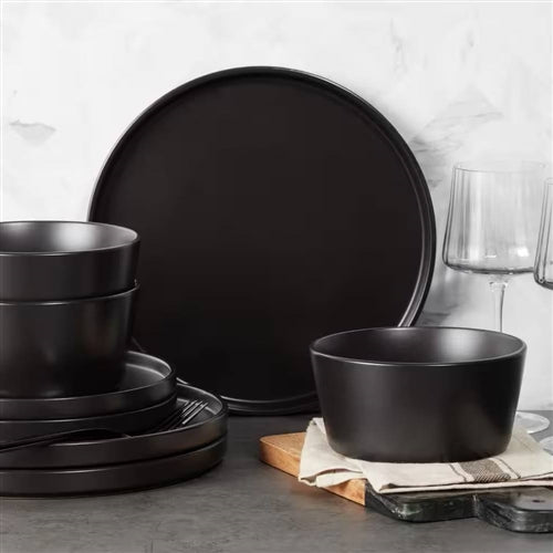 16-Piece Stoneware Dinnerware Set in Matte Black - Service for 4 - GreatSpace Discounts