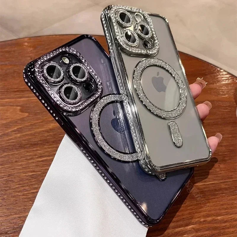 Fashion Girl Pink Crystal Glitter Transparent Magnetic Case For iPhone 16 15 11 12 13 14 Pro Max Wireless Charging Diamond Cover - GreatSpace Discounts