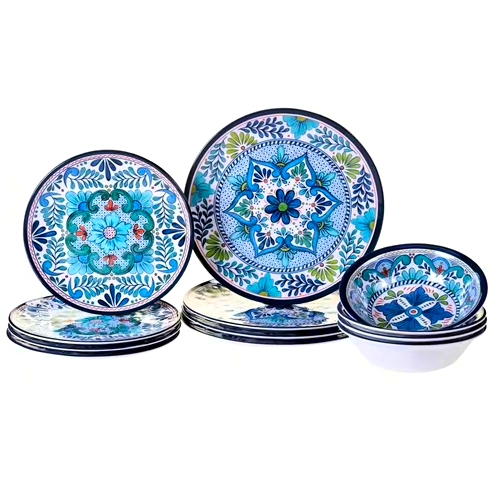 12-Piece Melamine Dinnerware Plates Bowls Set with Blue Floral Pattern - GreatSpace Discounts