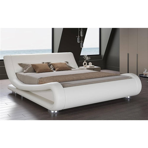 King Modern White Upholstered Platform Bed Frame with Sleigh Curved Headboard