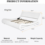 King Modern White Upholstered Platform Bed Frame with Sleigh Curved Headboard