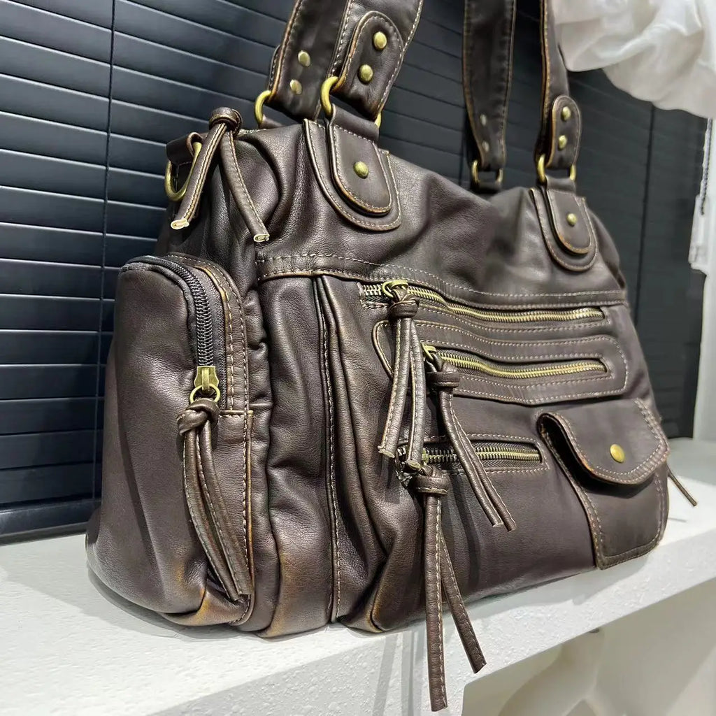 Y2K Hot Girl Single Shoulder Crossbody Bag Vintage Washed Leather Motorcycle Bag Large Capacity Multi Pocket Bag