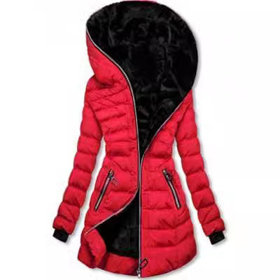 Hooded Warm Fleece Padded Jacket Mid-length Jacket Black Padded Jacket - GreatSpace Discounts