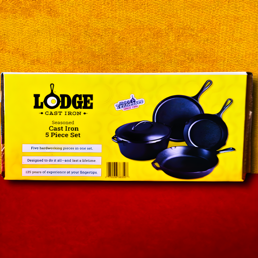 5-Piece Cast Iron Cookware Set with Dutch Oven Griddle and Skillets Made in USA