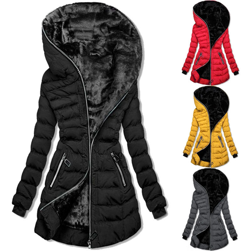 Hooded Warm Fleece Padded Jacket Mid-length Jacket Black Padded Jacket - GreatSpace Discounts