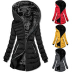 Hooded Warm Fleece Padded Jacket Mid-length Jacket Black Padded Jacket - GreatSpace Discounts