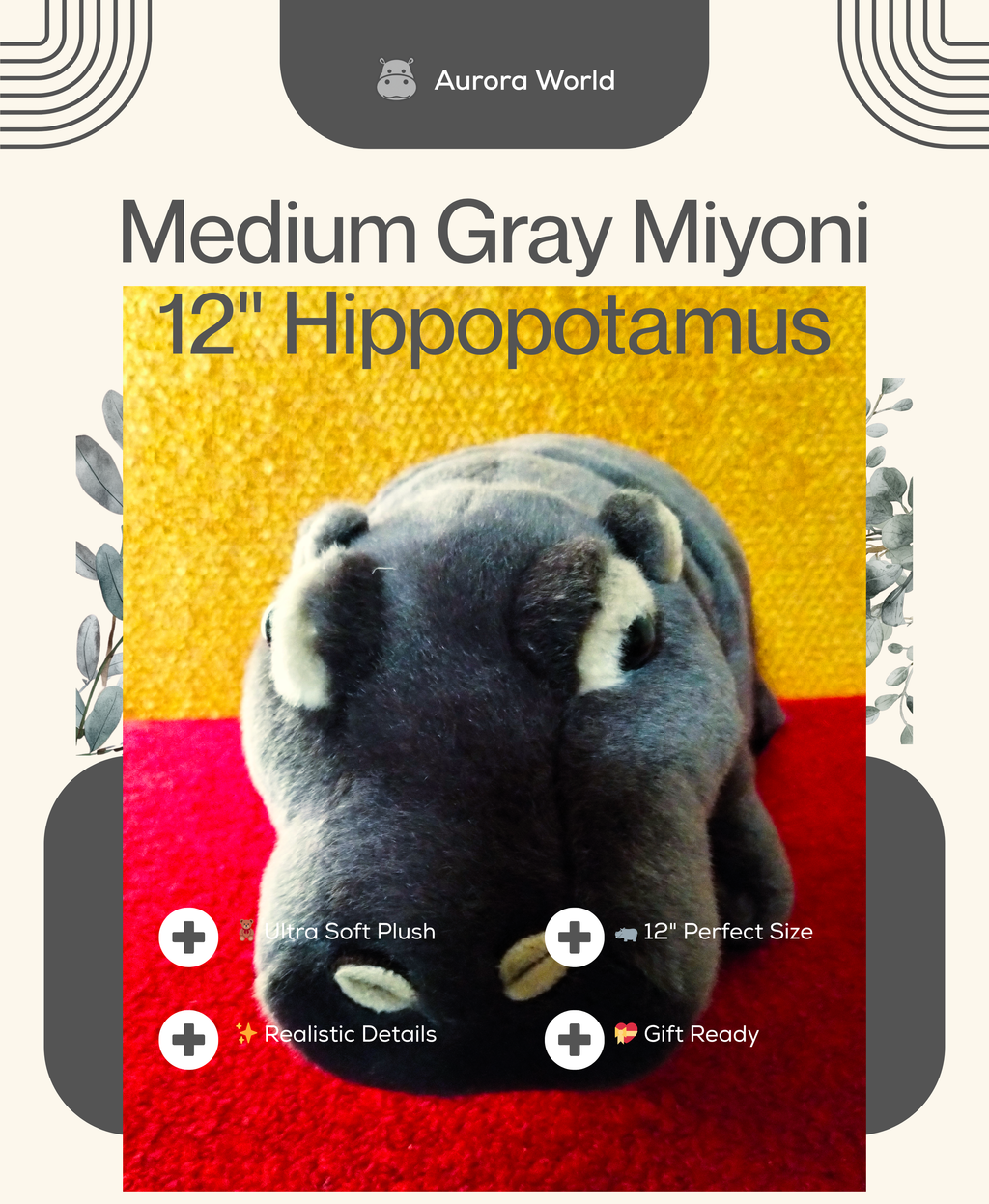Aurora Miyoni Hippo 12" Realistic Plush, Medium Gray, Preowned