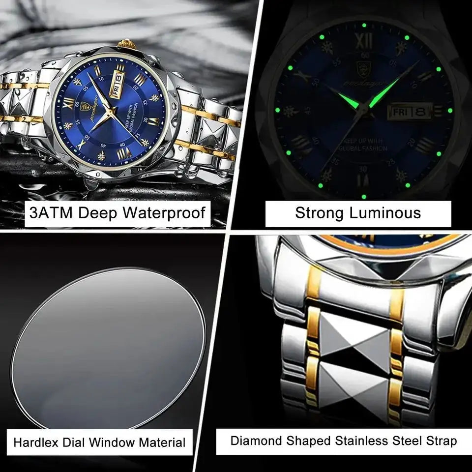 POEDAGAR Luxury Men's Watch | Two-Tone Stainless Steel | Day-Date Display ⌚✨