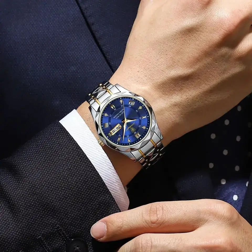 POEDAGAR Luxury Men's Watch | Two-Tone Stainless Steel | Day-Date Display ⌚✨