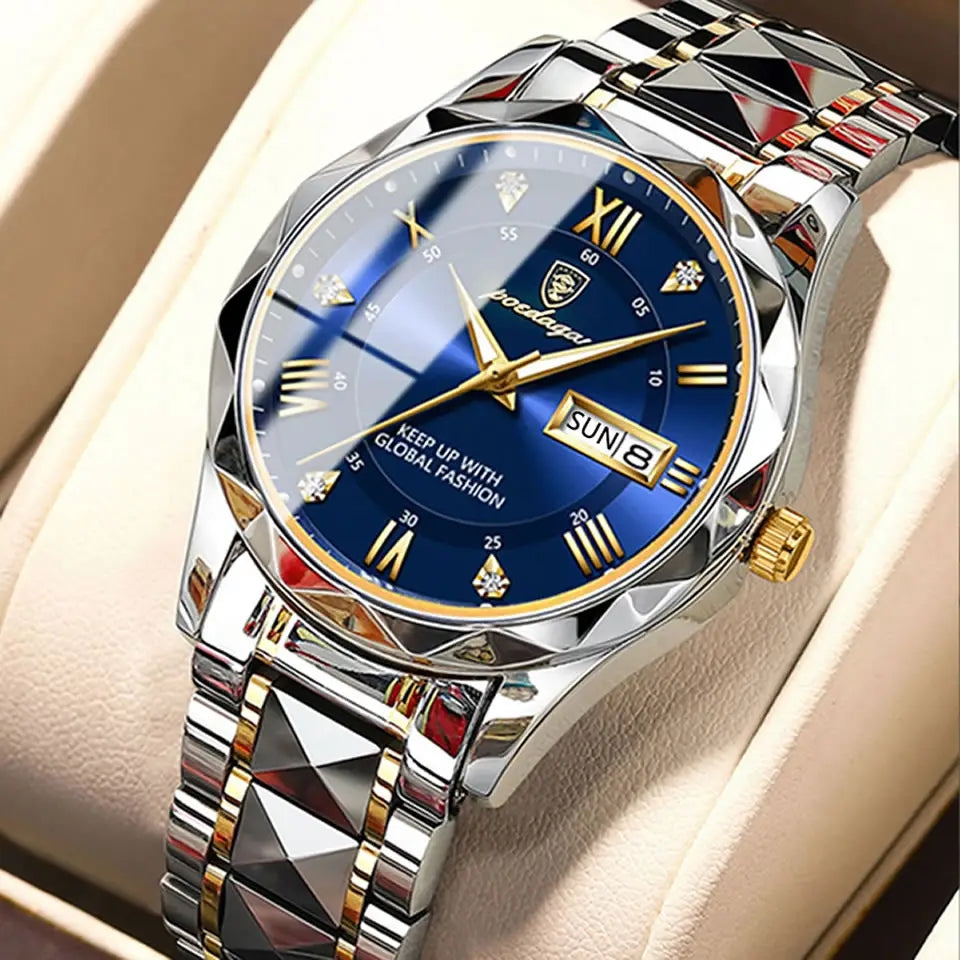 POEDAGAR Luxury Men's Watch | Two-Tone Stainless Steel | Day-Date Display ⌚✨
