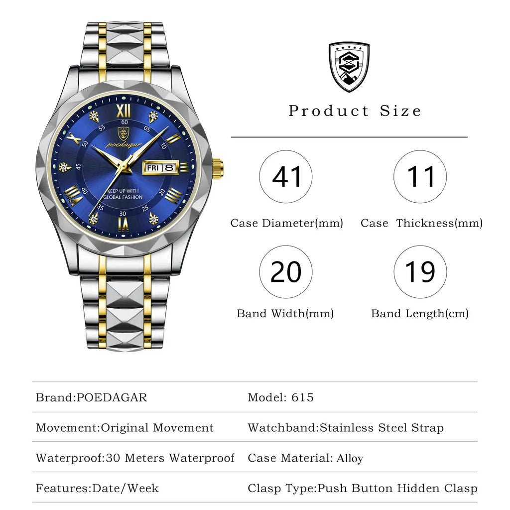 POEDAGAR Luxury Men's Watch - Two-Tone Stainless Steel with Day-Date