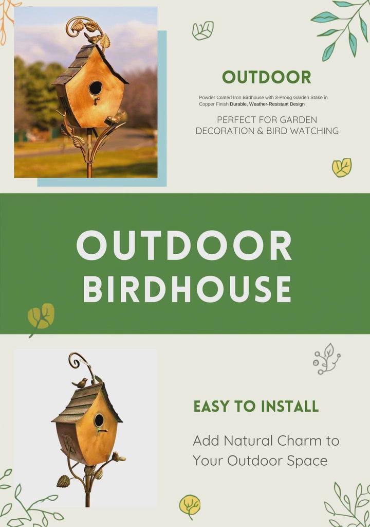 Outdoor Powder Coated Iron Birdhouse with 3-Prong Garden Stake in Copper Finish