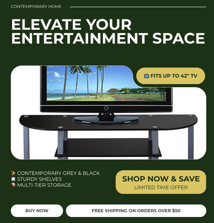 Contemporary Grey and Black TV Stand - Fits up to 42-inch TV