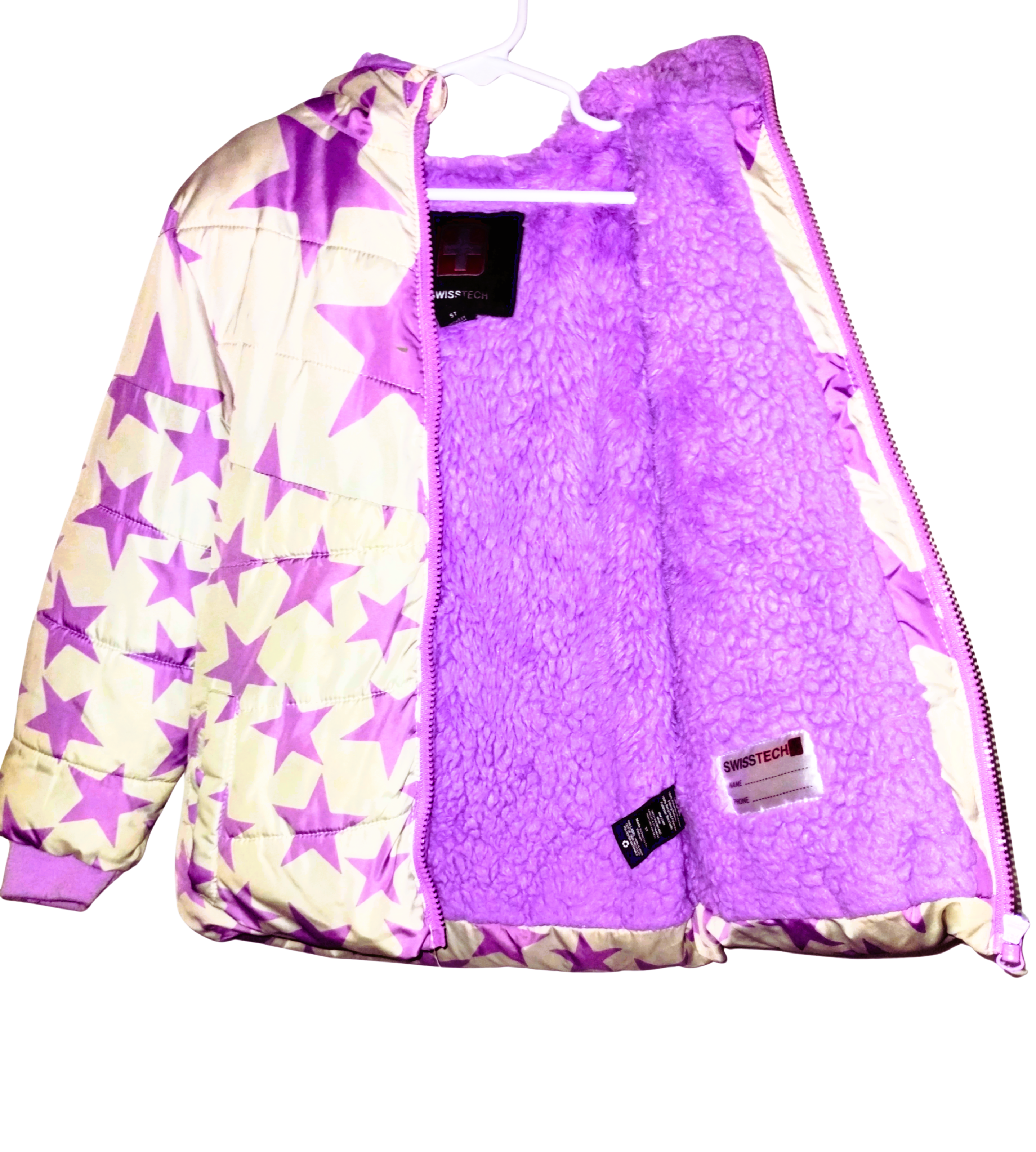 SwissTech Girls’ Puffer Jacket – Purple Star Print, 5T