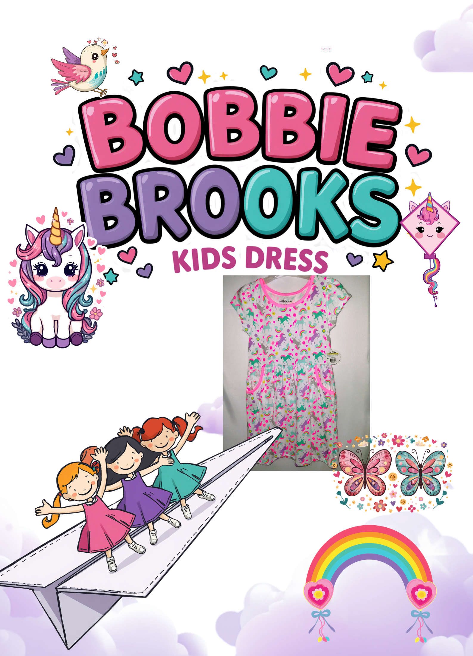 NWT Bobbie Brooks Unicorn Dress - Cotton-Blend, Pink Trim, Sizes XS–M